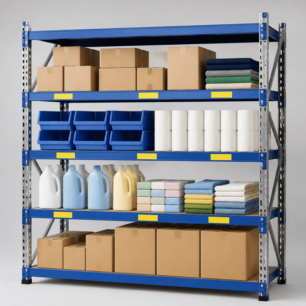 Plain cardboard boxes and blue bins stacked on warehouse shelving