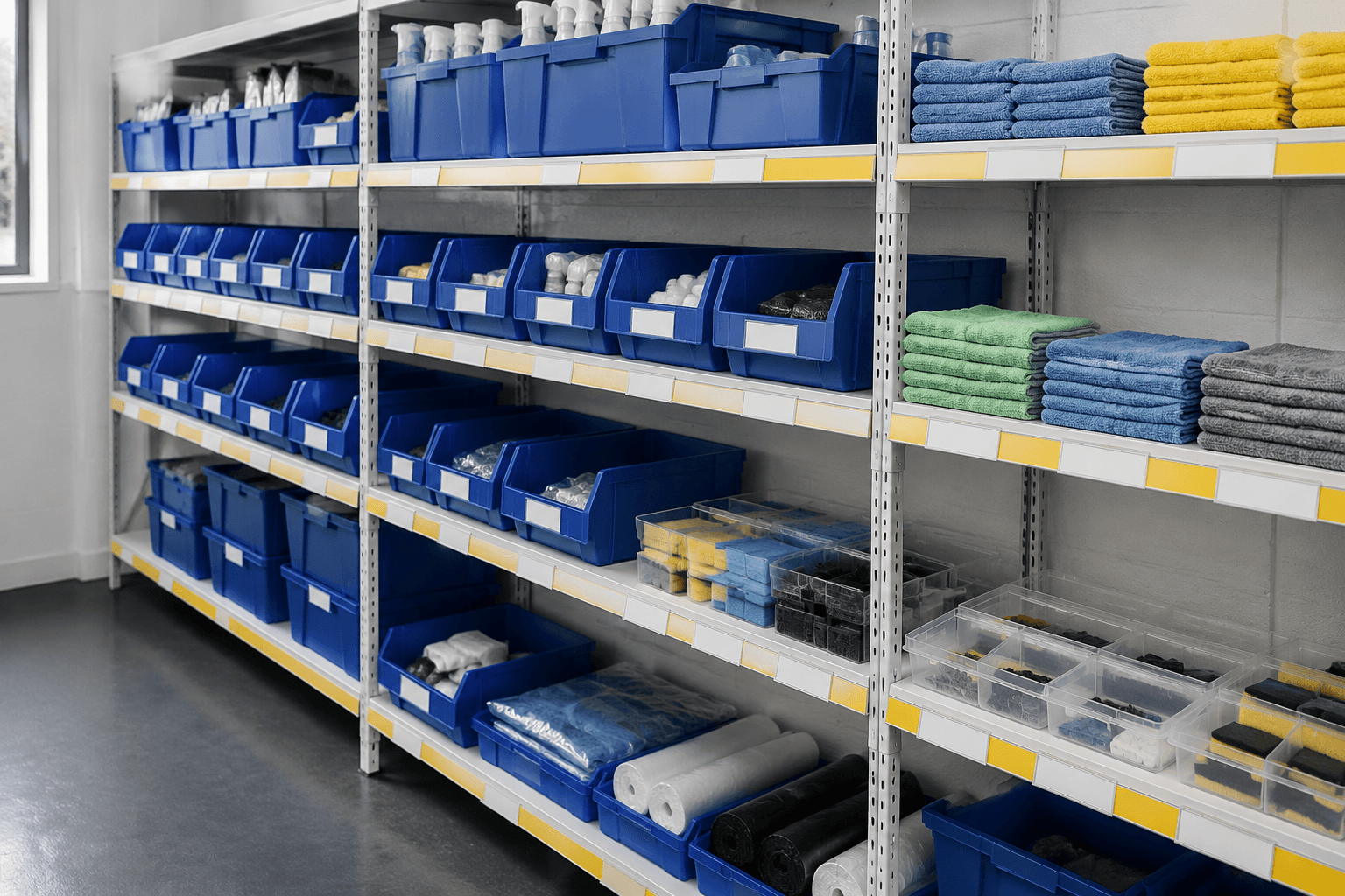 A Glasgow utility supply wall with blue storage bins, labelled shelves, folded cloths and organizers